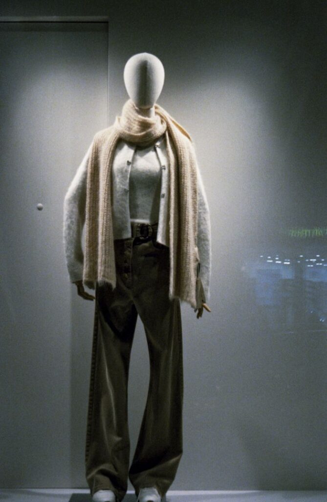 Mannequin wearing stylish winter outfit in a store window display with soft lighting.
